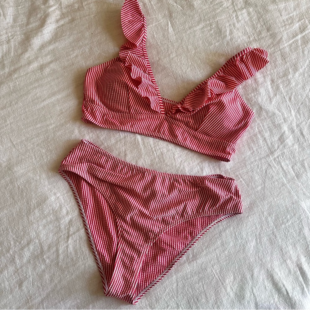 Red Striped Ruffle Women's Bikini Set XL - SO CUTE!!